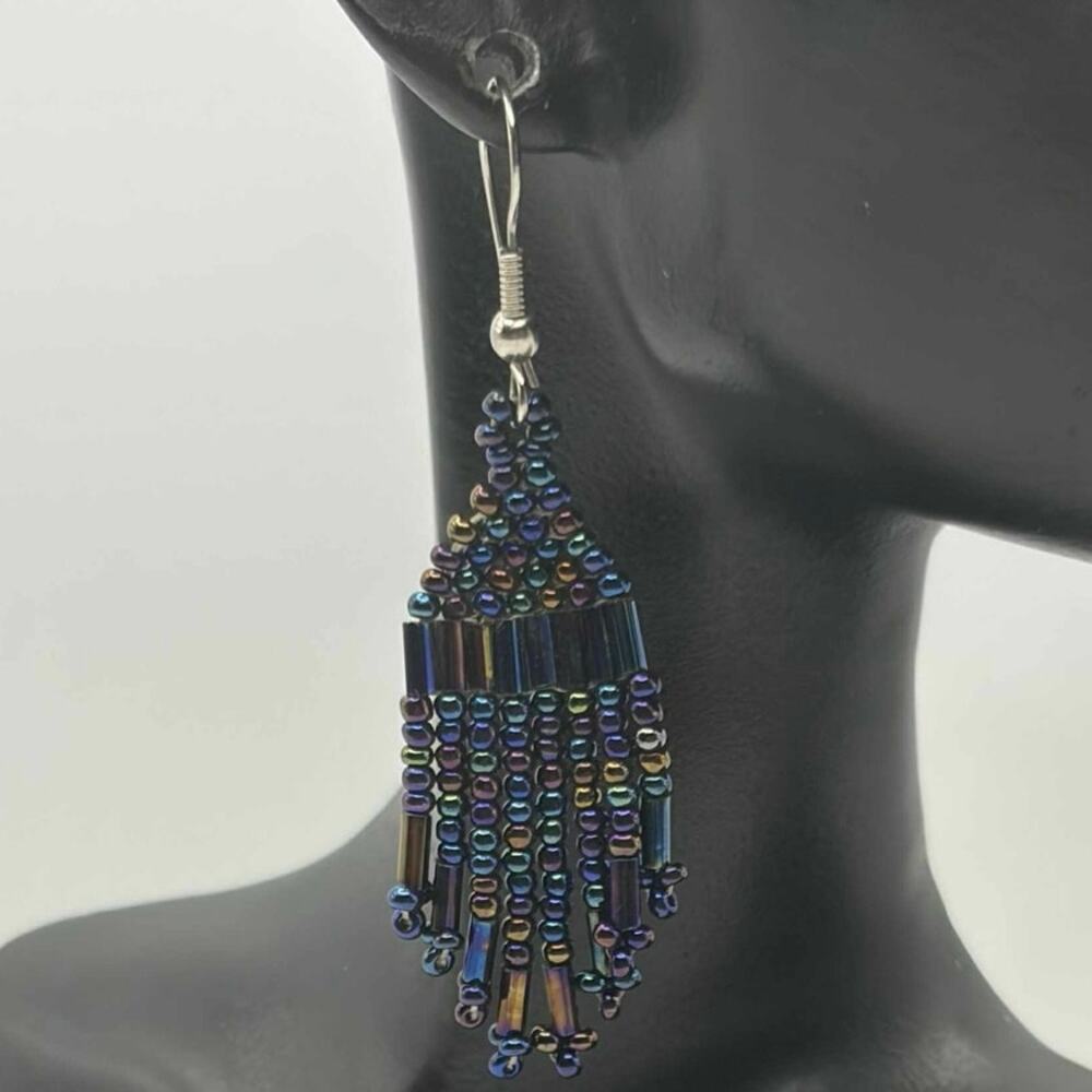 Blue Midnight Beaded Tassel Earrings